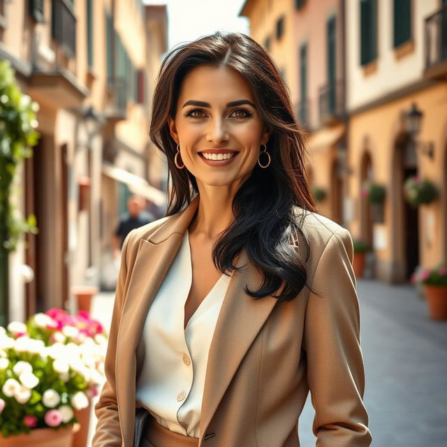 A 38-year-old woman with dark hair and distinct Italian features, fully dressed in a stylish outfit that reflects modern Italian fashion