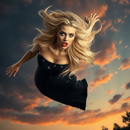 A sexy blonde witch with striking blue eyes and luscious red lips is gracefully falling from the sky, her long hair flowing in the wind