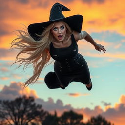 A sexy blonde witch with striking blue eyes and luscious red lips is gracefully falling from the sky, her long hair flowing in the wind