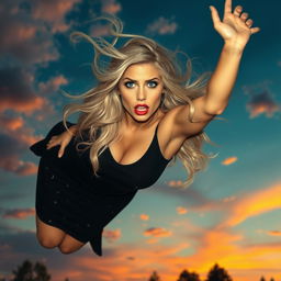 A sexy blonde witch with striking blue eyes and luscious red lips is gracefully falling from the sky, her long hair flowing in the wind