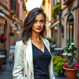 A 38-year-old woman with dark hair and striking Italian features, fully dressed in a stylish ensemble