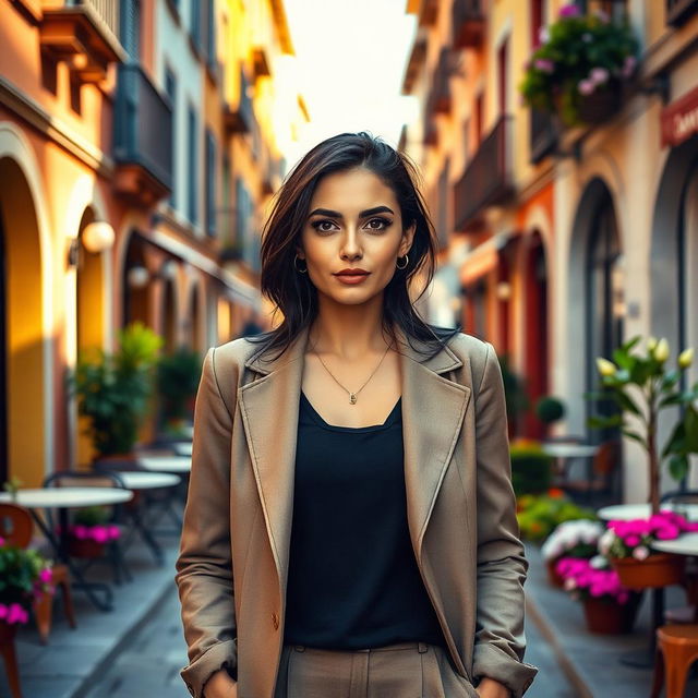 A 38-year-old woman with dark hair and striking Italian features, fully dressed in a stylish ensemble