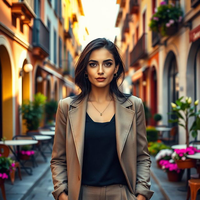 A 38-year-old woman with dark hair and striking Italian features, fully dressed in a stylish ensemble