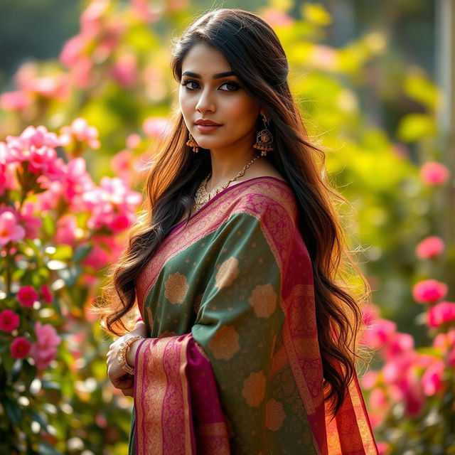 A stunning and elegant young woman wearing a traditional saree with intricate patterns and vibrant colors