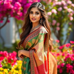 A stunning and elegant young woman wearing a traditional saree with intricate patterns and vibrant colors