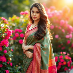 A stunning and elegant young woman wearing a traditional saree with intricate patterns and vibrant colors
