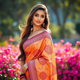 A stunning and elegant young woman wearing a traditional saree with intricate patterns and vibrant colors