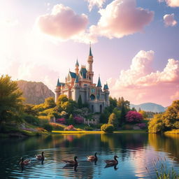 A vibrant and lively landscape featuring a majestic castle perched on a hill, surrounded by lush greenery and blooming flowers