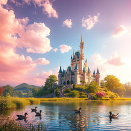 A vibrant and lively landscape featuring a majestic castle perched on a hill, surrounded by lush greenery and blooming flowers