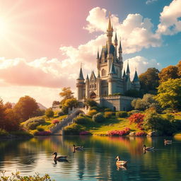 A vibrant and lively landscape featuring a majestic castle perched on a hill, surrounded by lush greenery and blooming flowers