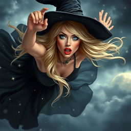 A stunning sexy blonde witch with captivating blue eyes and bold red lips, depicted in mid-air as she falls from the sky