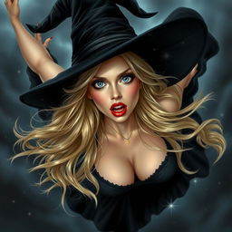 A stunning sexy blonde witch with captivating blue eyes and bold red lips, depicted in mid-air as she falls from the sky