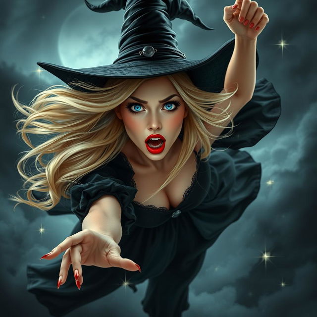 A stunning sexy blonde witch with captivating blue eyes and bold red lips, depicted in mid-air as she falls from the sky