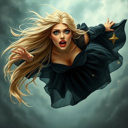 A stunning sexy blonde witch with captivating blue eyes and bold red lips, depicted in mid-air as she falls from the sky