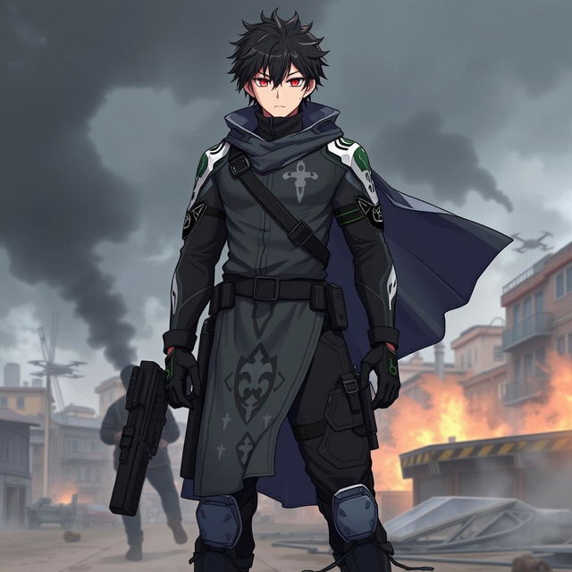 A dynamic illustration of Gojo Satoru, a character from Jujutsu Kaisen, dressed in a ghost-themed outfit from Call of Duty, incorporating futuristic elements with a dark color palette