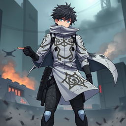 A dynamic illustration of Gojo Satoru, a character from Jujutsu Kaisen, dressed in a ghost-themed outfit from Call of Duty, incorporating futuristic elements with a dark color palette