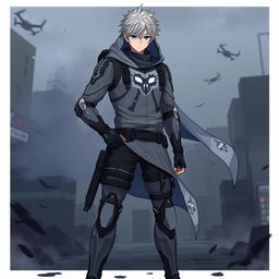 A dynamic illustration of Gojo Satoru, a character from Jujutsu Kaisen, dressed in a ghost-themed outfit from Call of Duty, incorporating futuristic elements with a dark color palette