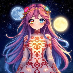 An enchanting zodiac-themed girl character, with intricate signs of the zodiac displayed prominently across her clothing