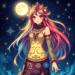 An enchanting zodiac-themed girl character, with intricate signs of the zodiac displayed prominently across her clothing
