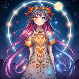 An enchanting zodiac-themed girl character, with intricate signs of the zodiac displayed prominently across her clothing