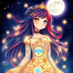 An enchanting zodiac-themed girl character, with intricate signs of the zodiac displayed prominently across her clothing