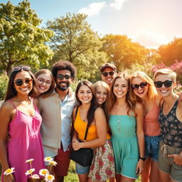 A vibrant scene featuring a cheerful group of diverse friends posing for a photo outdoors