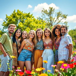 A vibrant scene featuring a cheerful group of diverse friends posing for a photo outdoors