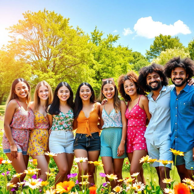 A vibrant scene featuring a cheerful group of diverse friends posing for a photo outdoors