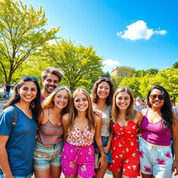 A vibrant scene featuring a cheerful group of diverse friends posing for a photo outdoors