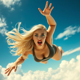 A sexy blonde woman with striking blue eyes and bold red lips, falling gracefully from the sky