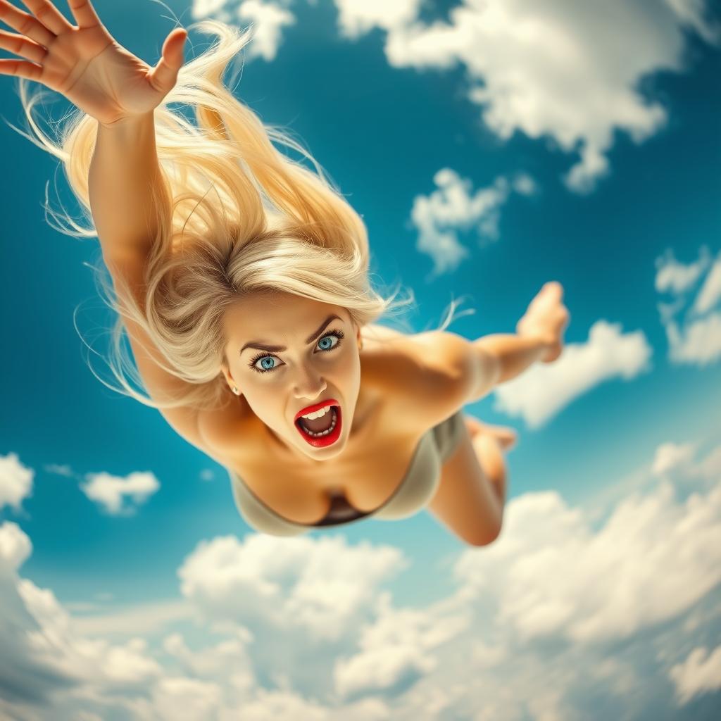 A sexy blonde woman with striking blue eyes and bold red lips, falling gracefully from the sky