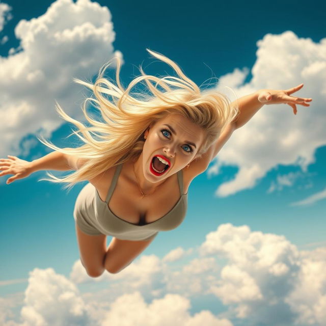A sexy blonde woman with striking blue eyes and bold red lips, falling gracefully from the sky