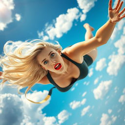 A sexy blonde woman with striking blue eyes and bold red lips, falling gracefully from the sky