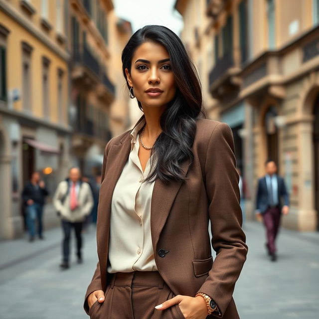 A 38-year-old woman with dark hair and Italian features, dressed elegantly in a stylish outfit