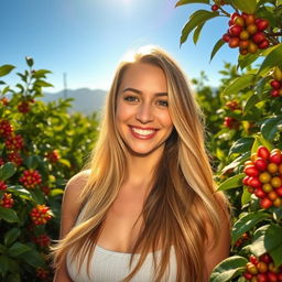 A beautiful woman with long, flowing blonde hair and radiant skin, standing in a vibrant coffee garden