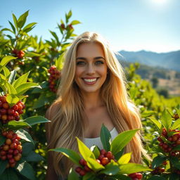 A beautiful woman with long, flowing blonde hair and radiant skin, standing in a vibrant coffee garden