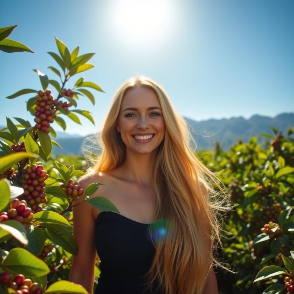 A beautiful woman with long, flowing blonde hair and radiant skin, standing in a vibrant coffee garden