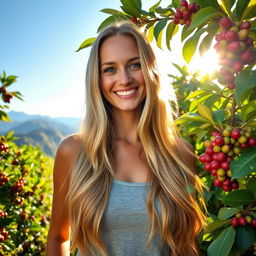 A beautiful woman with long, flowing blonde hair and radiant skin, standing in a vibrant coffee garden