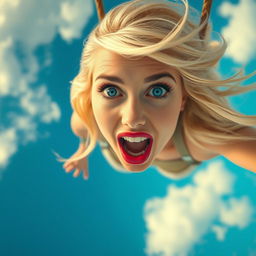 A stunning blonde woman with captivating blue eyes and glamorous red lips is dramatically falling from the sky