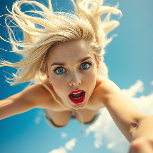 A stunning blonde woman with captivating blue eyes and glamorous red lips is dramatically falling from the sky