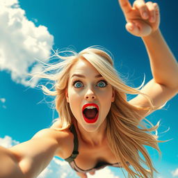 A stunning blonde woman with captivating blue eyes and glamorous red lips is dramatically falling from the sky