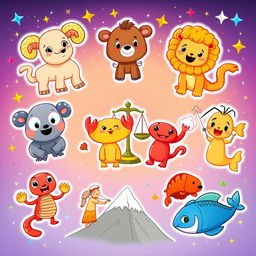 A vibrant and imaginative depiction of cartoon zodiac symbols, each represented as cute and playful characters