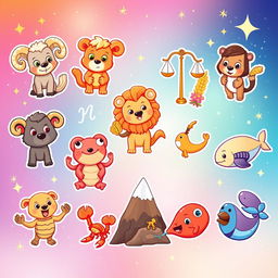 A vibrant and imaginative depiction of cartoon zodiac symbols, each represented as cute and playful characters