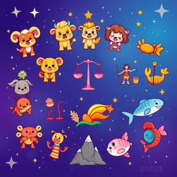 A vibrant and imaginative depiction of cartoon zodiac symbols, each represented as cute and playful characters