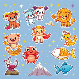 A vibrant and imaginative depiction of cartoon zodiac symbols, each represented as cute and playful characters
