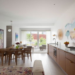 A spacious, well-lit living room seamlessly connected with a modern kitchen, featuring vibrant accent colors and cozy furnishings.