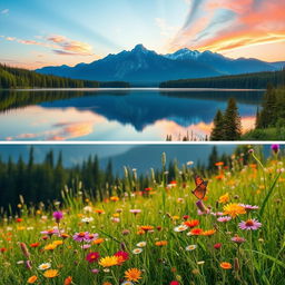 An ethereal landscape showcasing a serene lake reflecting a vibrant sunset, surrounded by lush green forests and majestic mountains in the background