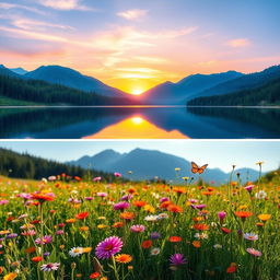 An ethereal landscape showcasing a serene lake reflecting a vibrant sunset, surrounded by lush green forests and majestic mountains in the background