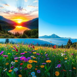 An ethereal landscape showcasing a serene lake reflecting a vibrant sunset, surrounded by lush green forests and majestic mountains in the background