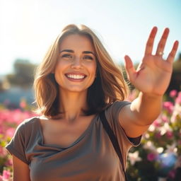 A confident woman gracefully raising her hand in a vibrant outdoor setting, exuding positivity